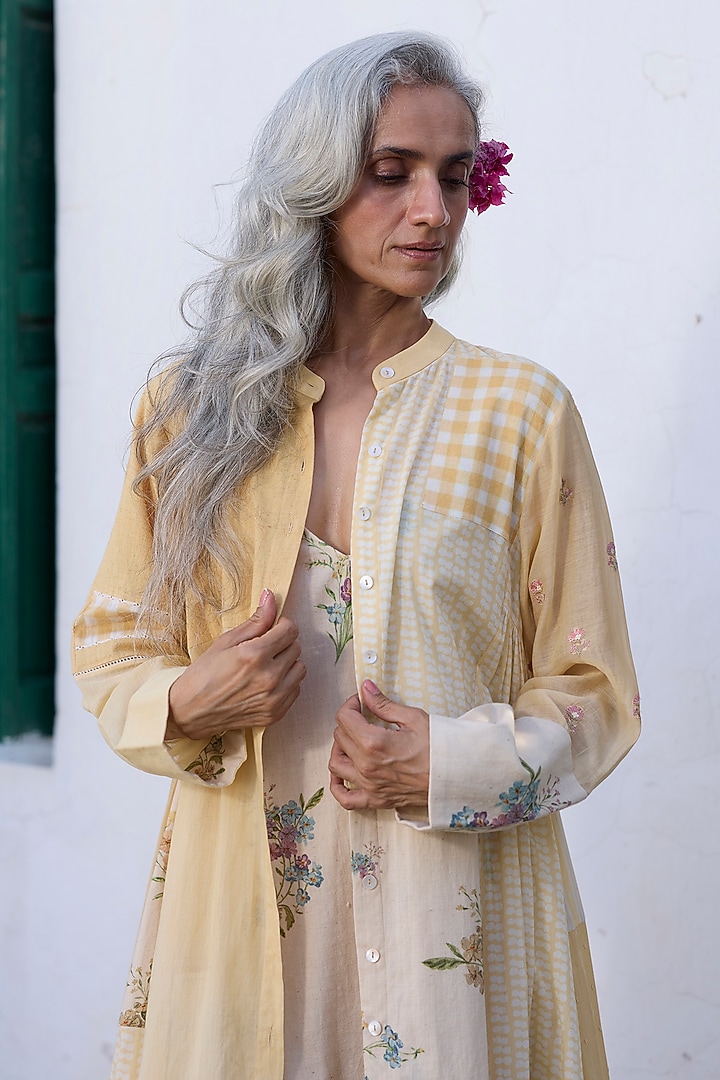 Ecru & Yellow Khadi Patch Work & Printed Kurta by Khyati Rughani at Pernia's Pop Up Shop
