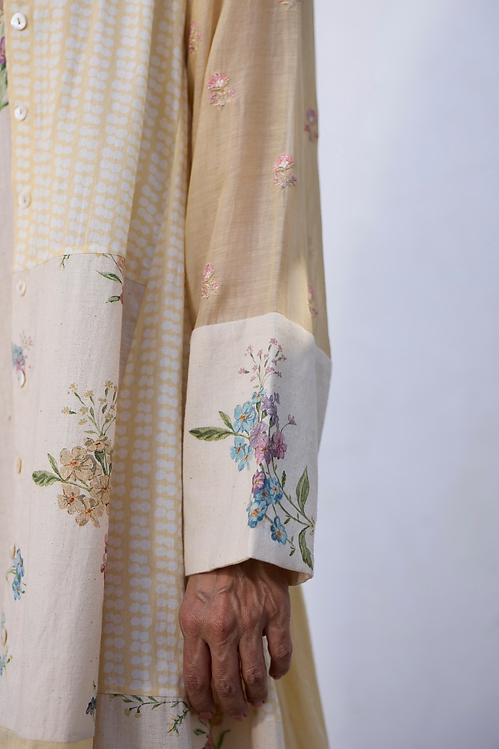 Ecru & Yellow Khadi Patch Work & Printed Kurta by Khyati Rughani at Pernia's Pop Up Shop