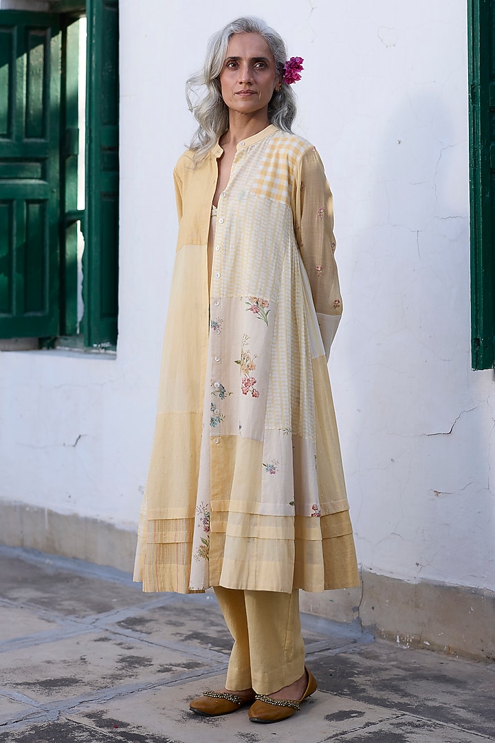 Yellow Cotton & Khadi Straight Pants by Khyati Rughani at Pernia's Pop Up Shop