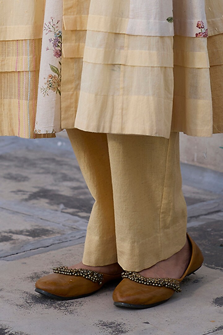 Yellow Cotton & Khadi Straight Pants by Khyati Rughani at Pernia's Pop Up Shop