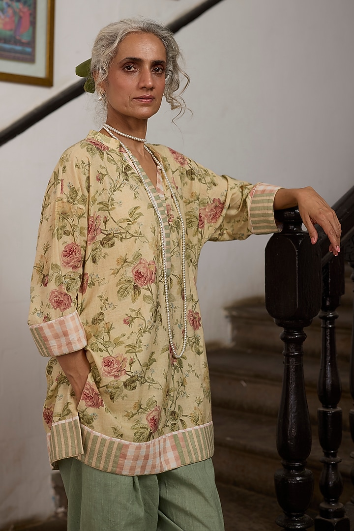 Yellow & Peach Khadi Floral Printed Kurta by Khyati Rughani at Pernia's Pop Up Shop