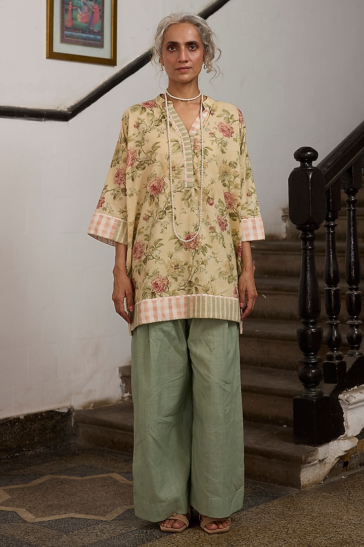Yellow & Peach Khadi Floral Printed Kurta by Khyati Rughani at Pernia's Pop Up Shop