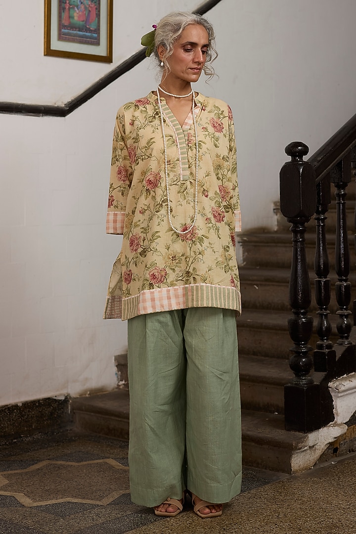 Green Khadi Pleated Pants by Khyati Rughani at Pernia's Pop Up Shop