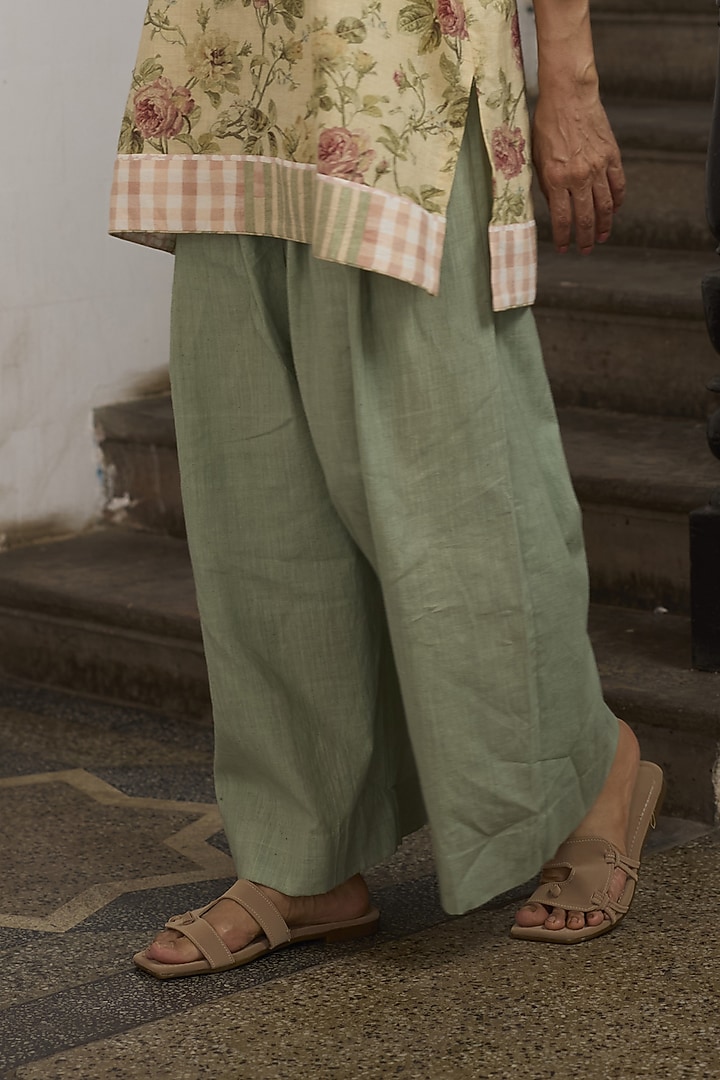 Green Khadi Pleated Pants by Khyati Rughani at Pernia's Pop Up Shop