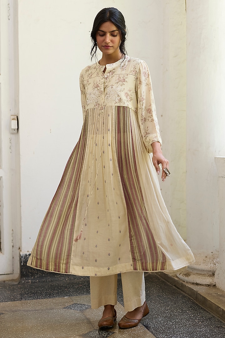 Ecru & Purple Khadi Printed Kurta by Khyati Rughani at Pernia's Pop Up Shop