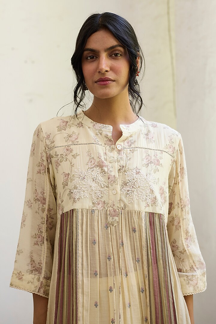 Ecru & Purple Khadi Printed Kurta by Khyati Rughani at Pernia's Pop Up Shop