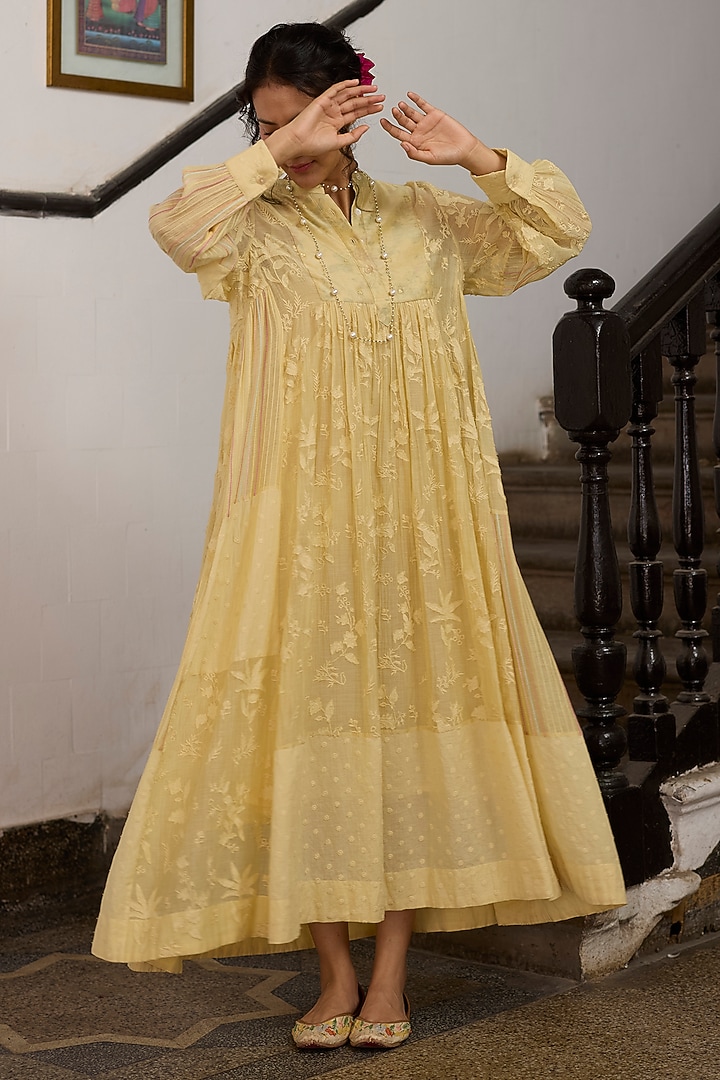Yellow Silk Applique Embroidered & Printed Flared Tunic by Khyati Rughani at Pernia's Pop Up Shop