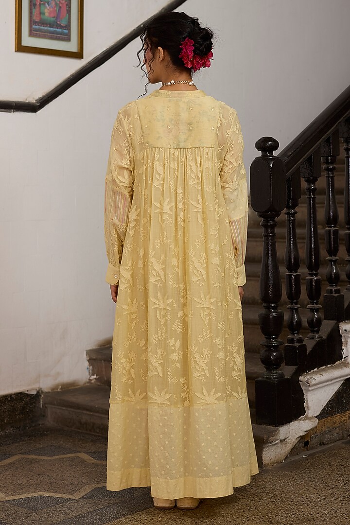 Yellow Silk Applique Embroidered & Printed Flared Tunic by Khyati Rughani at Pernia's Pop Up Shop