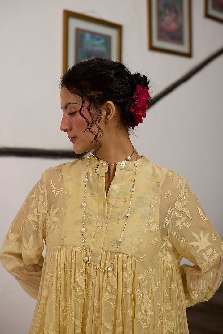 Yellow Silk Applique Embroidered & Printed Flared Tunic by Khyati Rughani at Pernia's Pop Up Shop