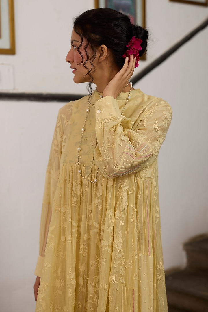 Yellow Silk Applique Embroidered & Printed Flared Tunic by Khyati Rughani at Pernia's Pop Up Shop