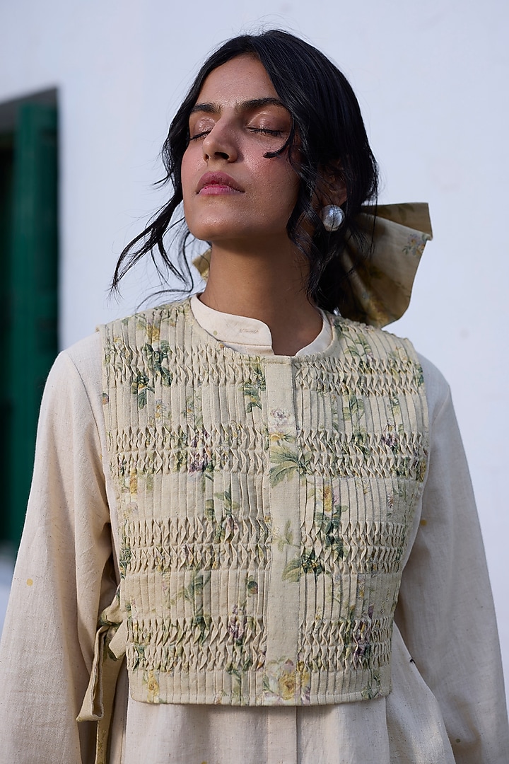 Green Khadi Floral Printed Gilet by Khyati Rughani at Pernia's Pop Up Shop
