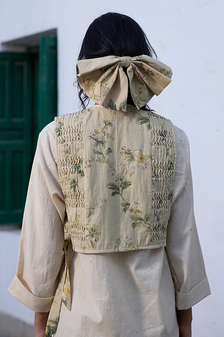 Green Khadi Floral Printed Gilet by Khyati Rughani at Pernia's Pop Up Shop