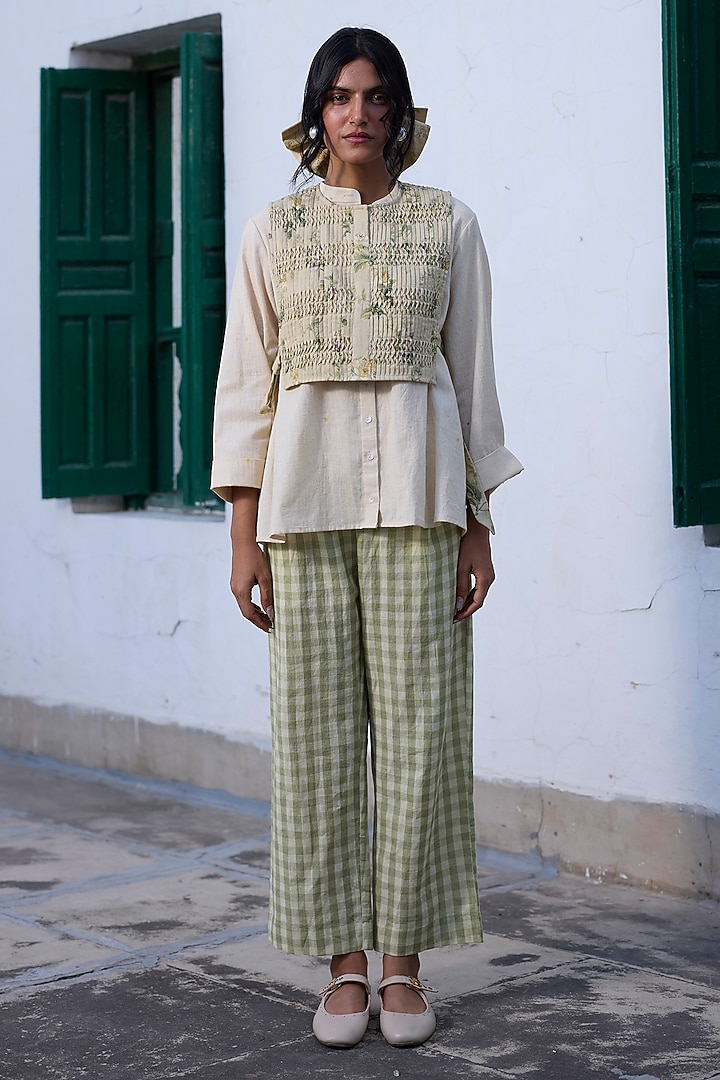 Green Khadi Floral Printed Gilet by Khyati Rughani at Pernia's Pop Up Shop