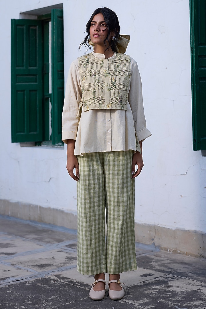 Green Khadi Checkered Printed Straight Pants by Khyati Rughani at Pernia's Pop Up Shop