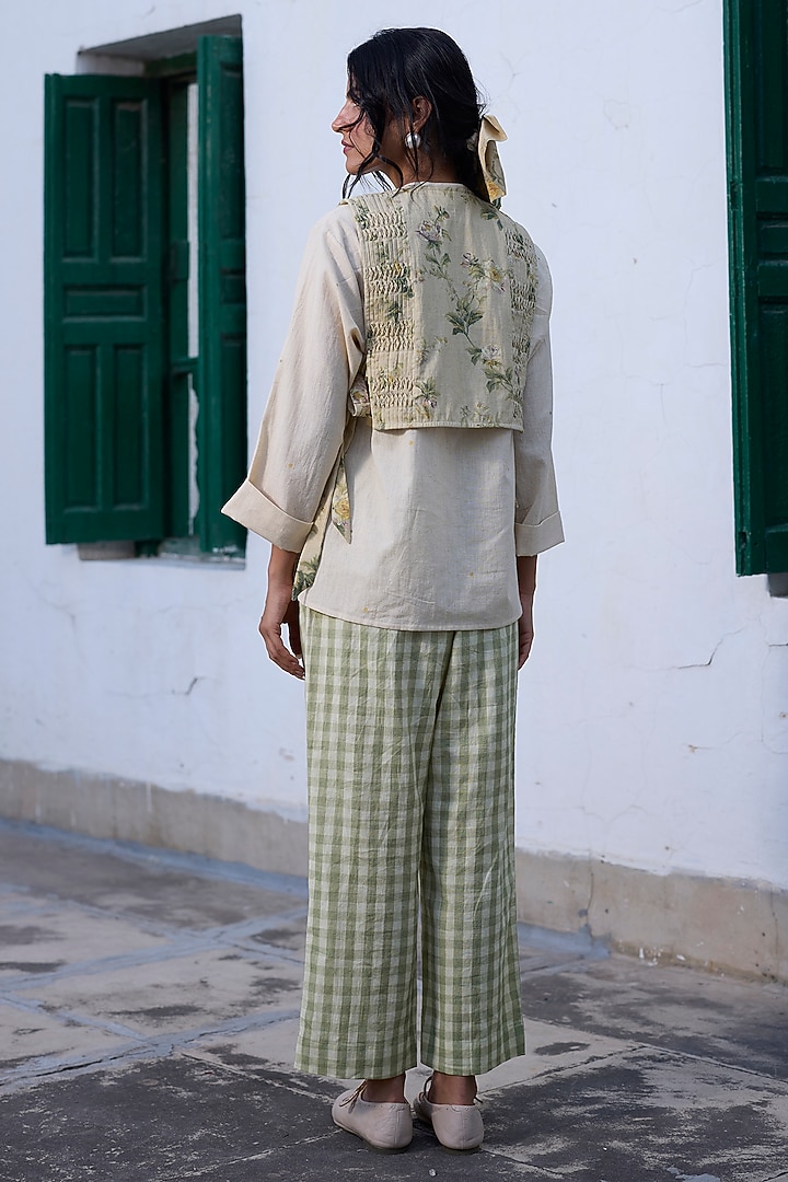 Green Khadi Checkered Printed Straight Pants by Khyati Rughani at Pernia's Pop Up Shop