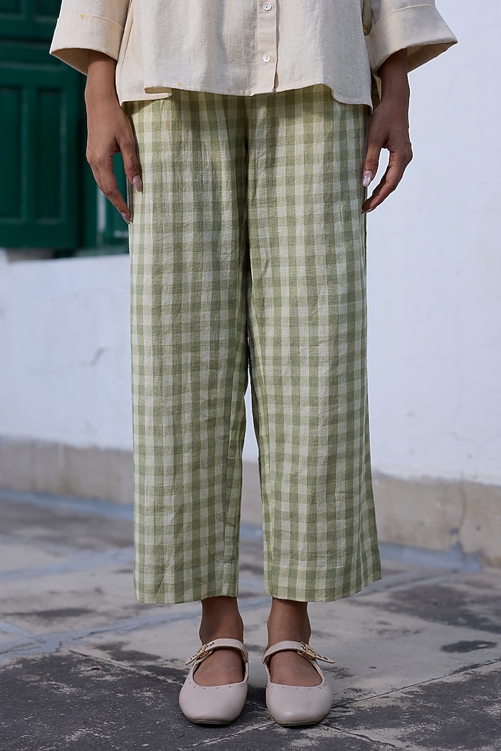 Green Khadi Checkered Printed Straight Pants by Khyati Rughani at Pernia's Pop Up Shop