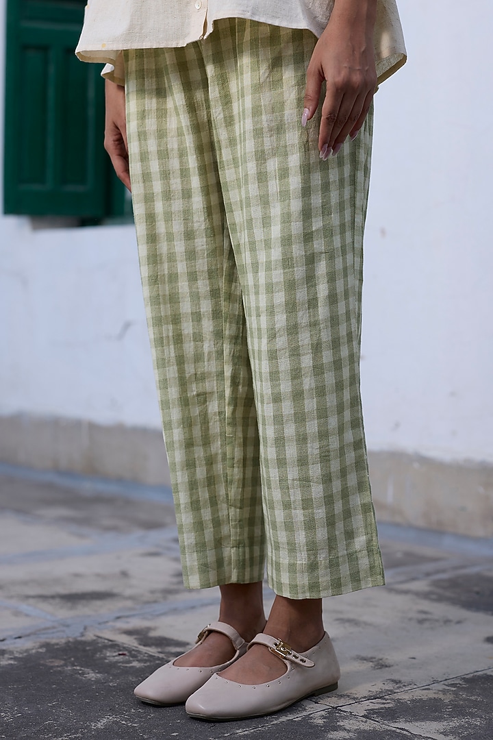 Green Khadi Checkered Printed Straight Pants by Khyati Rughani at Pernia's Pop Up Shop