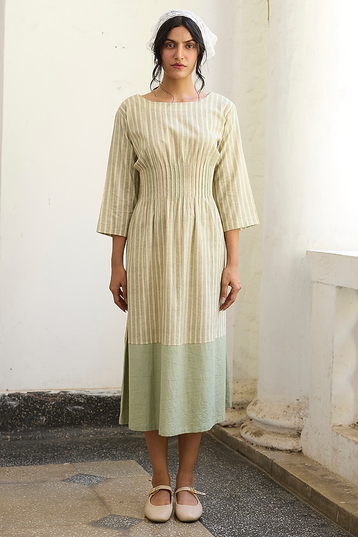 Green Khadi Striped Midi Vacation Dress by Khyati Rughani at Pernia's Pop Up Shop