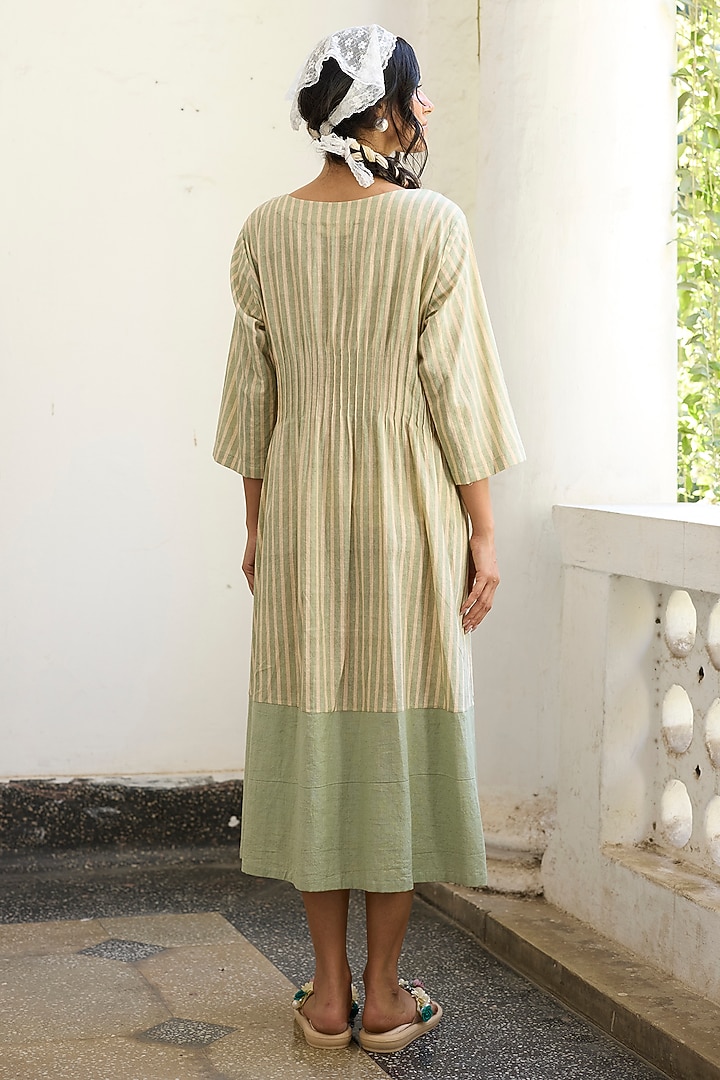 Green Khadi Striped Midi Vacation Dress by Khyati Rughani at Pernia's Pop Up Shop