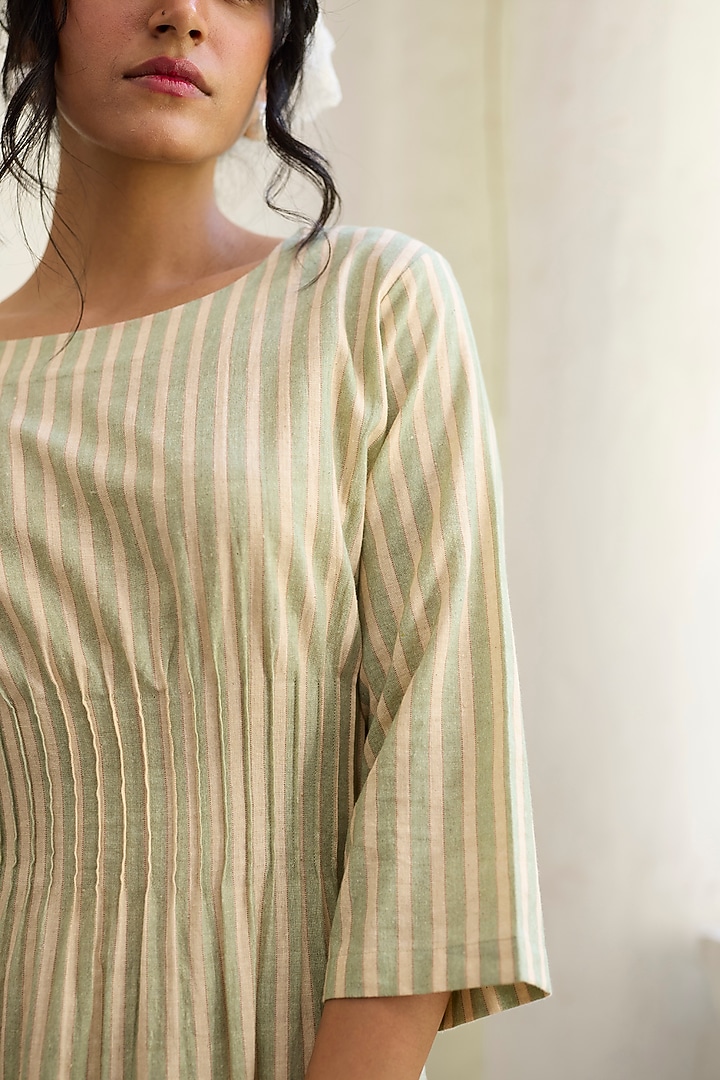 Green Khadi Striped Midi Vacation Dress by Khyati Rughani at Pernia's Pop Up Shop
