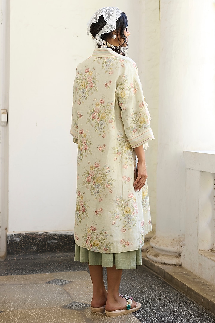 Green Khadi Floral Printed & Embroidered Jacket by Khyati Rughani at Pernia's Pop Up Shop