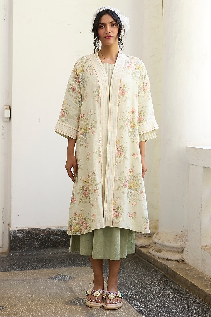 Green Khadi Floral Printed & Embroidered Jacket by Khyati Rughani at Pernia's Pop Up Shop