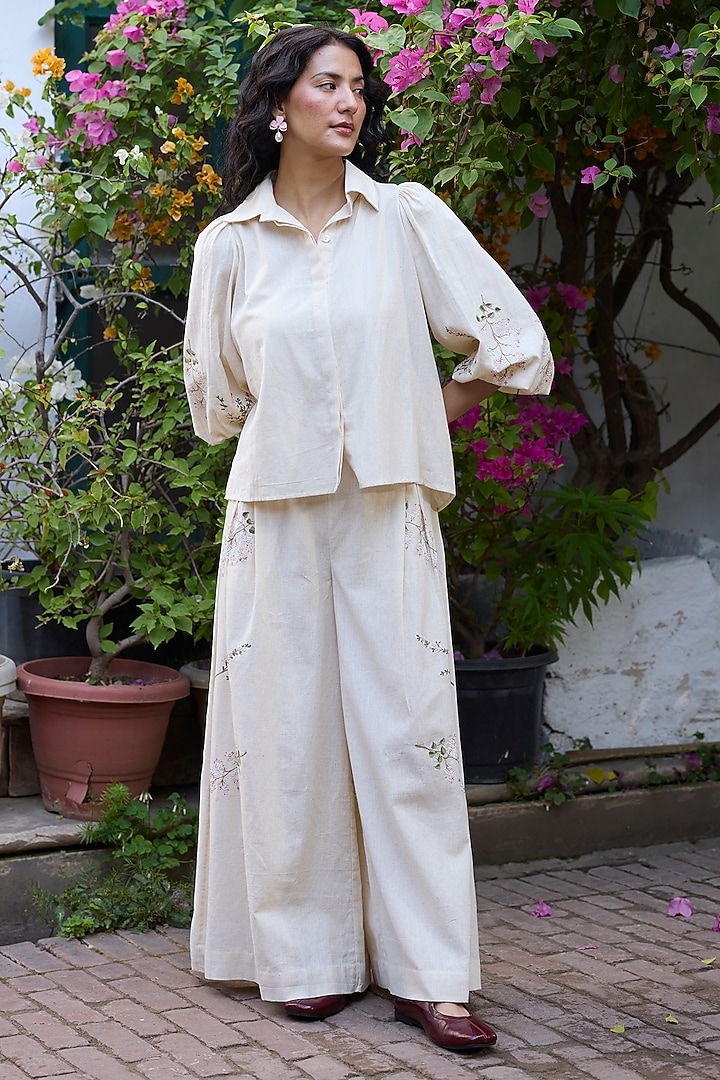 Ecru Khadi Embroidered Co-Ord Set by Khyati Rughani at Pernia's Pop Up Shop