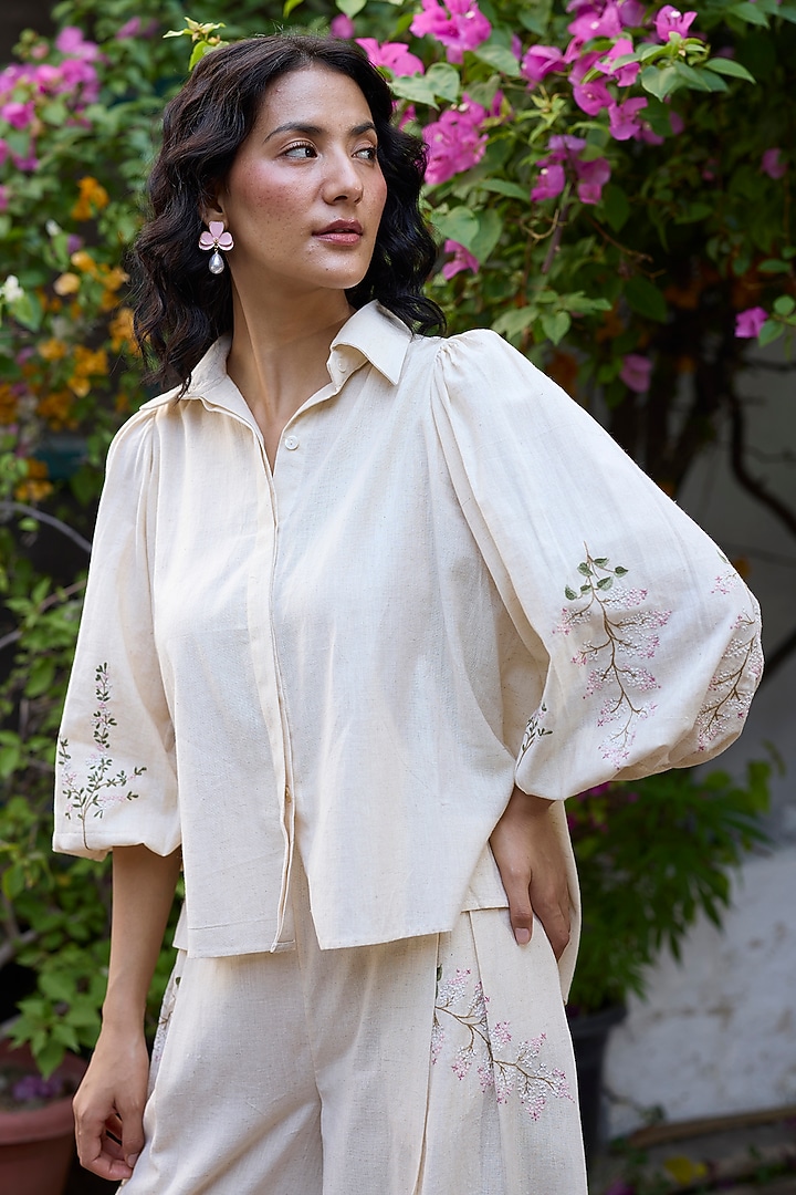 Ecru Khadi Embroidered Co-Ord Set by Khyati Rughani at Pernia's Pop Up Shop