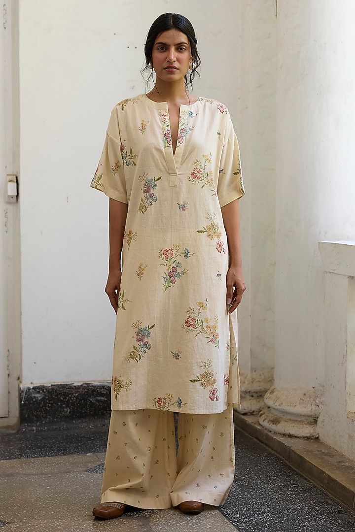 Ecru Khadi Printed Wide-Leg Pants by Khyati Rughani at Pernia's Pop Up Shop