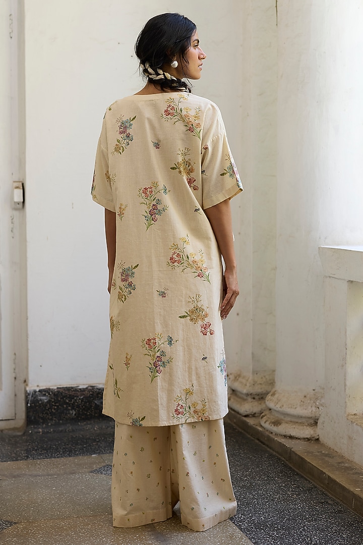 Ecru Khadi Printed Wide-Leg Pants by Khyati Rughani at Pernia's Pop Up Shop