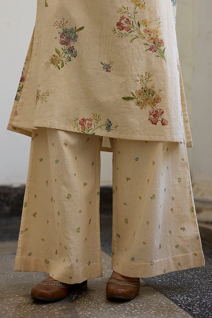 Ecru Khadi Printed Wide-Leg Pants by Khyati Rughani at Pernia's Pop Up Shop