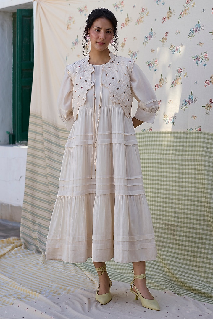 Ecru Silk Pleated Midi Vacation Dress by Khyati Rughani at Pernia's Pop Up Shop