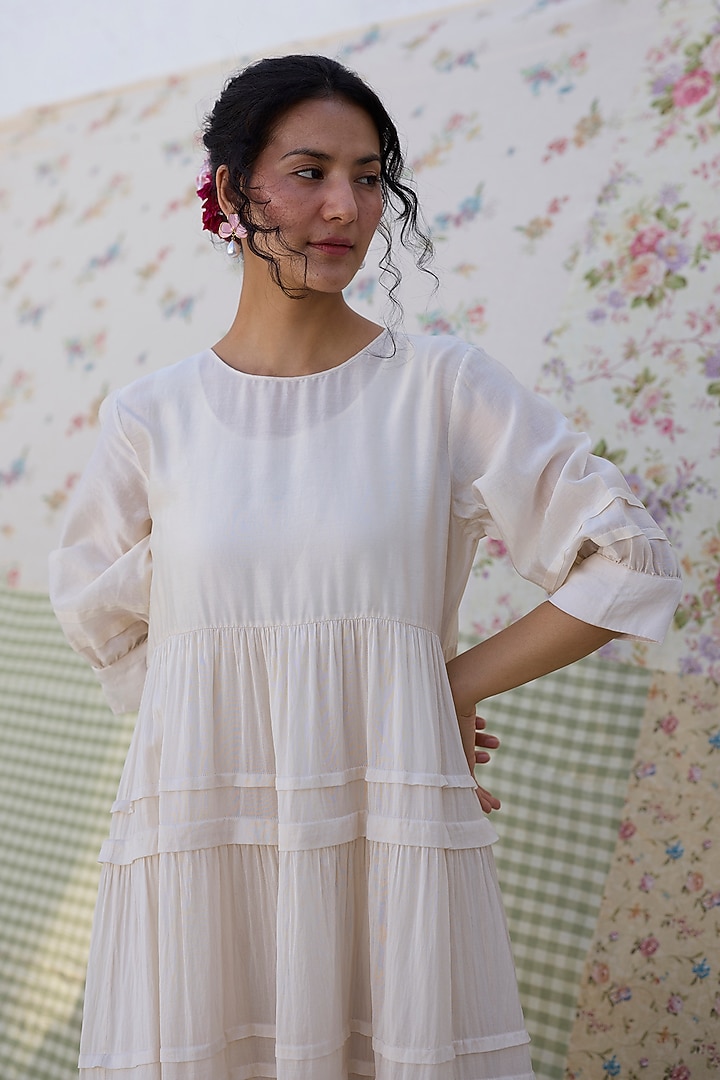 Ecru Silk Pleated Midi Vacation Dress by Khyati Rughani at Pernia's Pop Up Shop