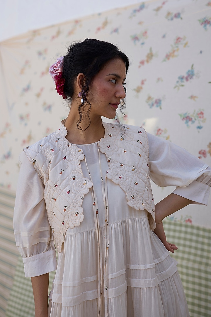 Ecru Silk Pleated Midi Vacation Dress by Khyati Rughani at Pernia's Pop Up Shop