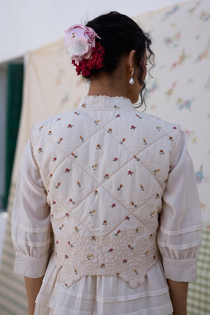 Ecru & Red Khadi Printed High-Low Gilet by Khyati Rughani at Pernia's Pop Up Shop