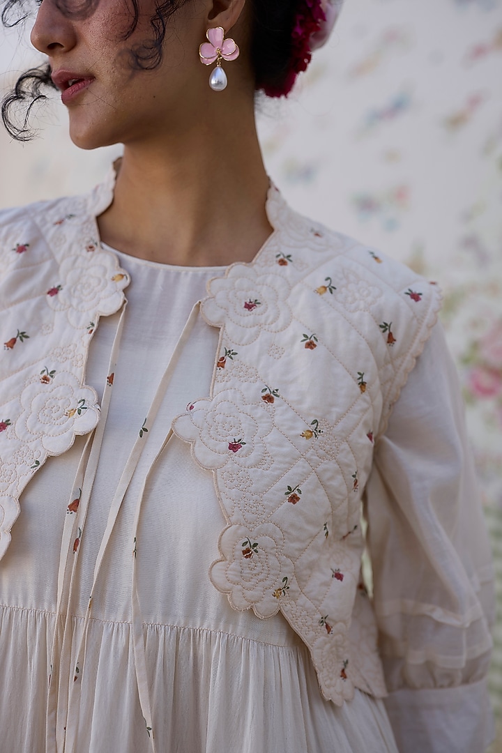 Ecru & Red Khadi Printed High-Low Gilet by Khyati Rughani at Pernia's Pop Up Shop