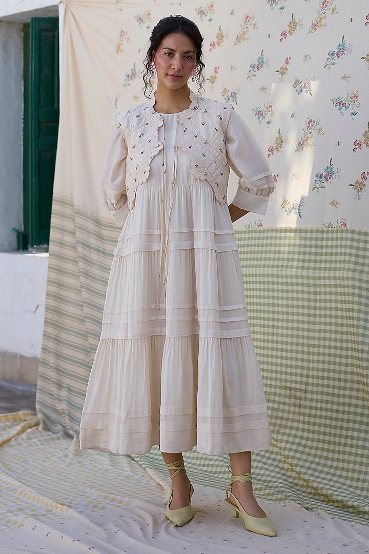 Ecru & Red Khadi Printed High-Low Gilet by Khyati Rughani at Pernia's Pop Up Shop