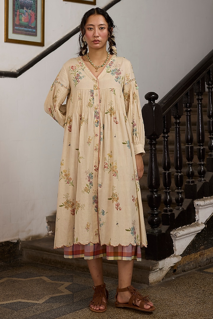 Ecru & Pink Khadi Crochet Embroidered Tunic by Khyati Rughani at Pernia's Pop Up Shop