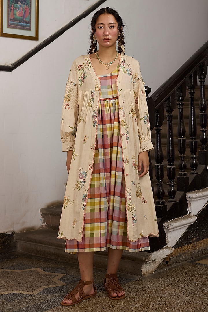Ecru & Pink Khadi Crochet Embroidered Tunic by Khyati Rughani at Pernia's Pop Up Shop