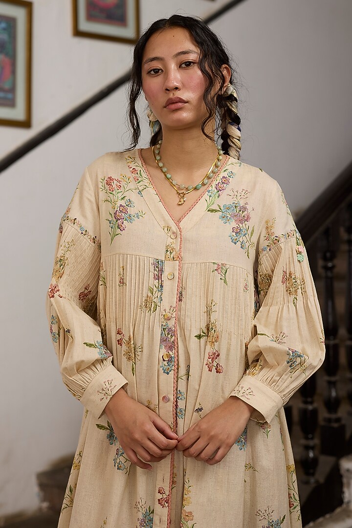 Ecru & Pink Khadi Crochet Embroidered Tunic by Khyati Rughani at Pernia's Pop Up Shop