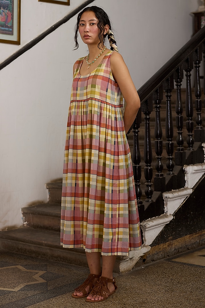 Multi-Coloured Khadi Sleeveless Midi Summer Dress by Khyati Rughani at Pernia's Pop Up Shop