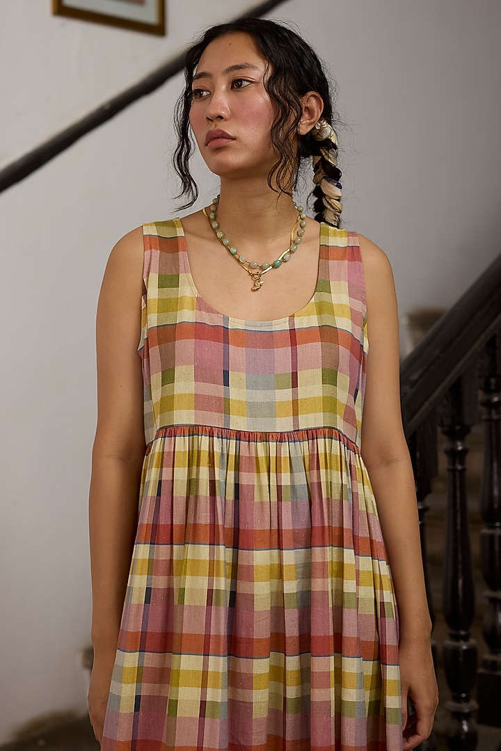 Multi-Coloured Khadi Sleeveless Midi Summer Dress by Khyati Rughani at Pernia's Pop Up Shop