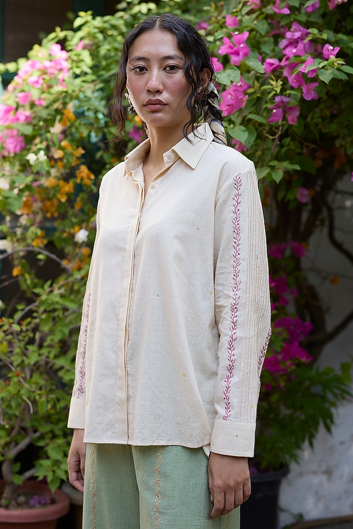 Ecru & Pink Khadi Embroidered Shirt by Khyati Rughani at Pernia's Pop Up Shop