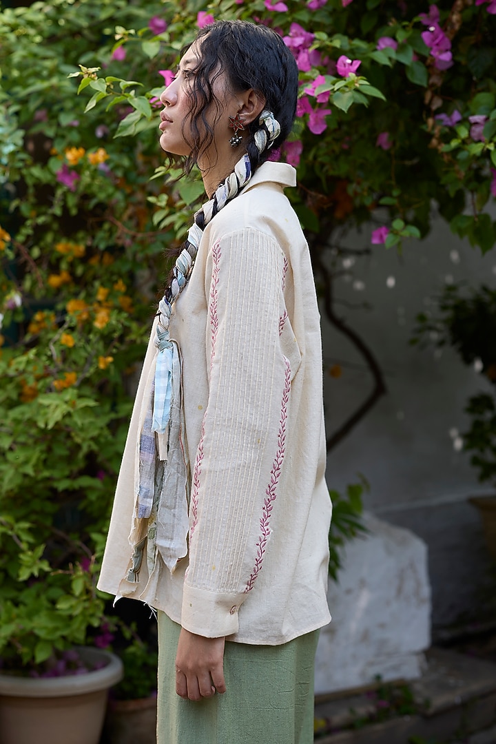 Ecru & Pink Khadi Embroidered Shirt by Khyati Rughani at Pernia's Pop Up Shop