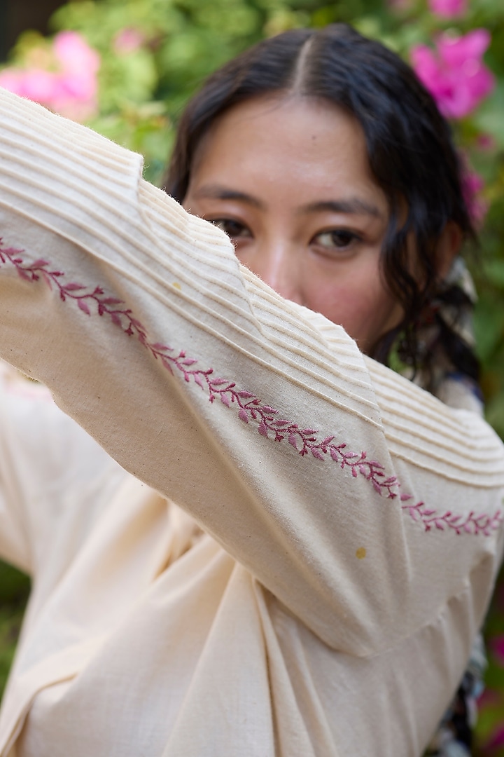 Ecru & Pink Khadi Embroidered Shirt by Khyati Rughani at Pernia's Pop Up Shop
