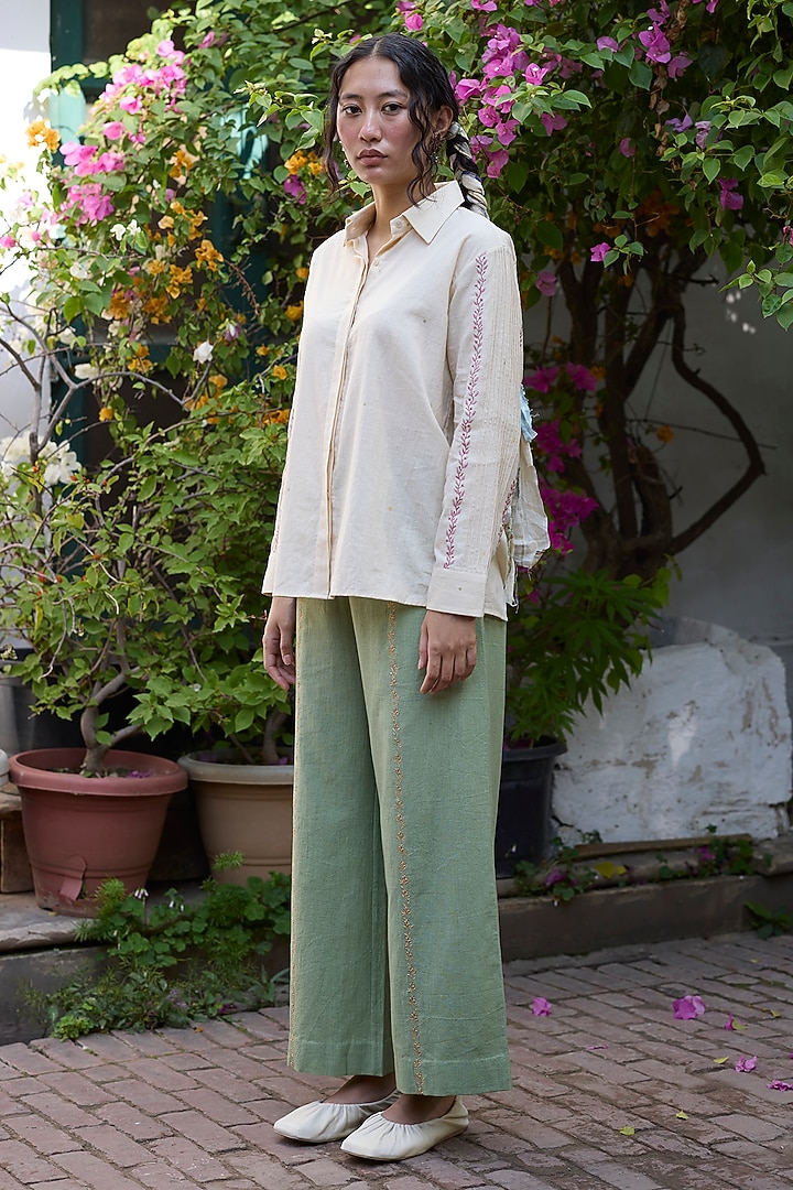 Ecru & Pink Khadi Embroidered Shirt by Khyati Rughani at Pernia's Pop Up Shop