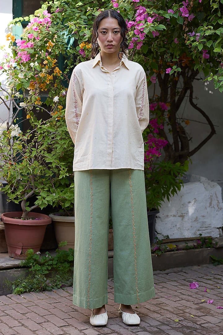Green Khadi Embroidered Straight Pants by Khyati Rughani at Pernia's Pop Up Shop