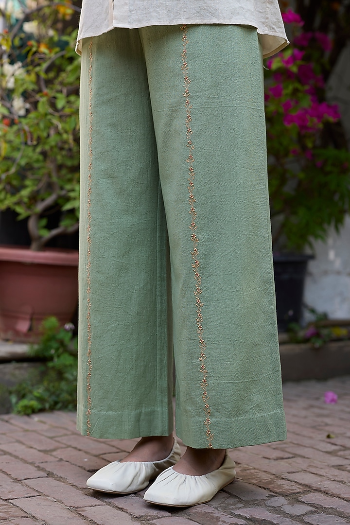Green Khadi Embroidered Straight Pants by Khyati Rughani at Pernia's Pop Up Shop