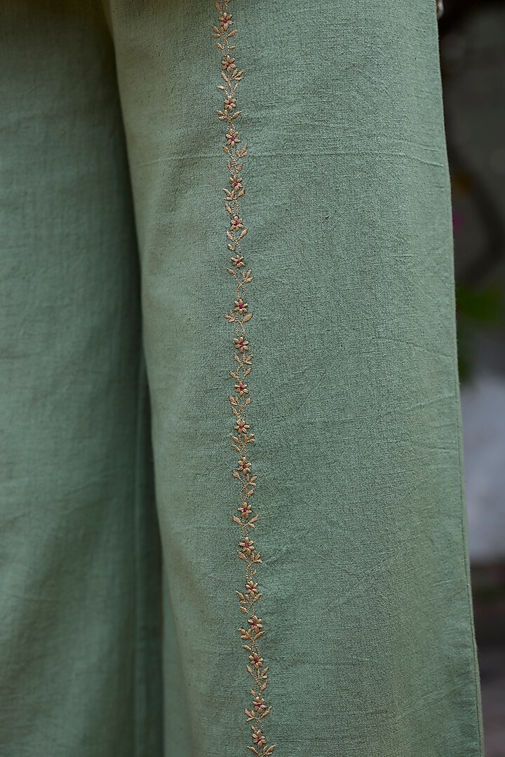 Green Khadi Embroidered Straight Pants by Khyati Rughani at Pernia's Pop Up Shop