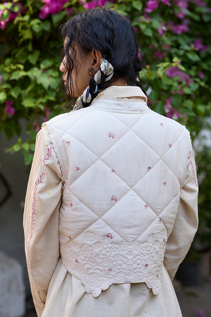 Ecru & Pink Khadi Floral Quilted High-Low Gilet by Khyati Rughani at Pernia's Pop Up Shop